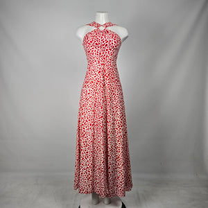 Vintage Red & White Geometric Halter Keyhole Maxi Dress - Size XS/S