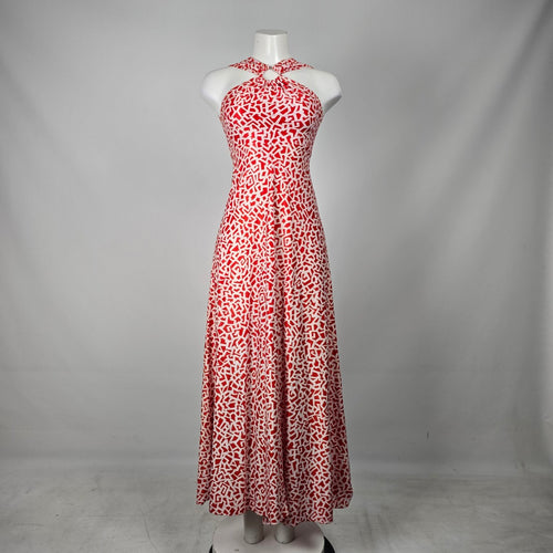 Vintage Red & White Geometric Halter Keyhole Maxi Dress - Size XS/S