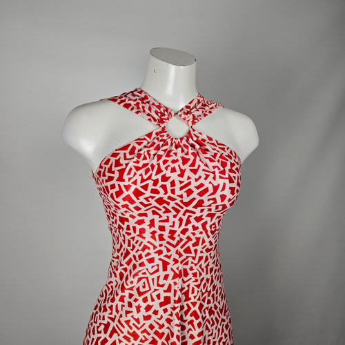 Vintage Red & White Geometric Halter Keyhole Maxi Dress - Size XS/S