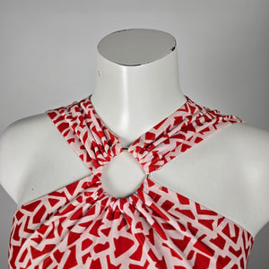 Vintage Red & White Geometric Halter Keyhole Maxi Dress - Size XS/S