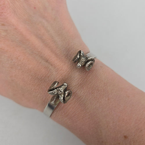 Vintage Sterling Silver Double Ram's Head Bypass Cuff Bracelet - 925 Silver