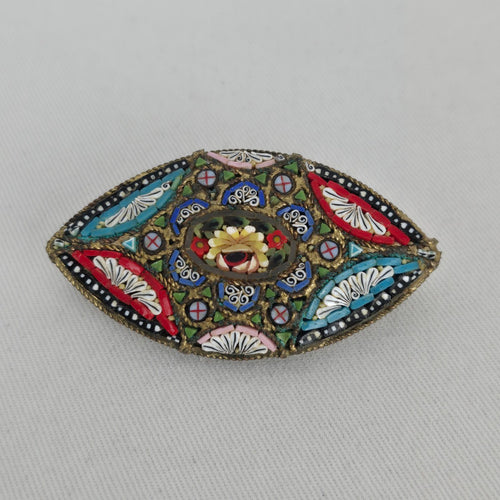 Vintage Italian Micro Mosaic Floral Brooch Gold-Tone Pin