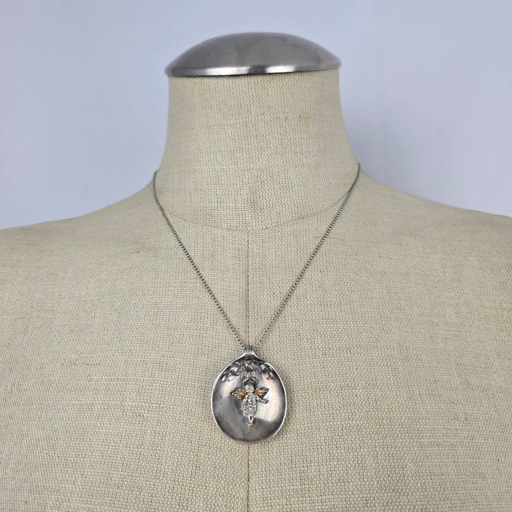 Repurposed Vintage Spoon Pendant 925 Sterling Chain Necklace Cherub Charm