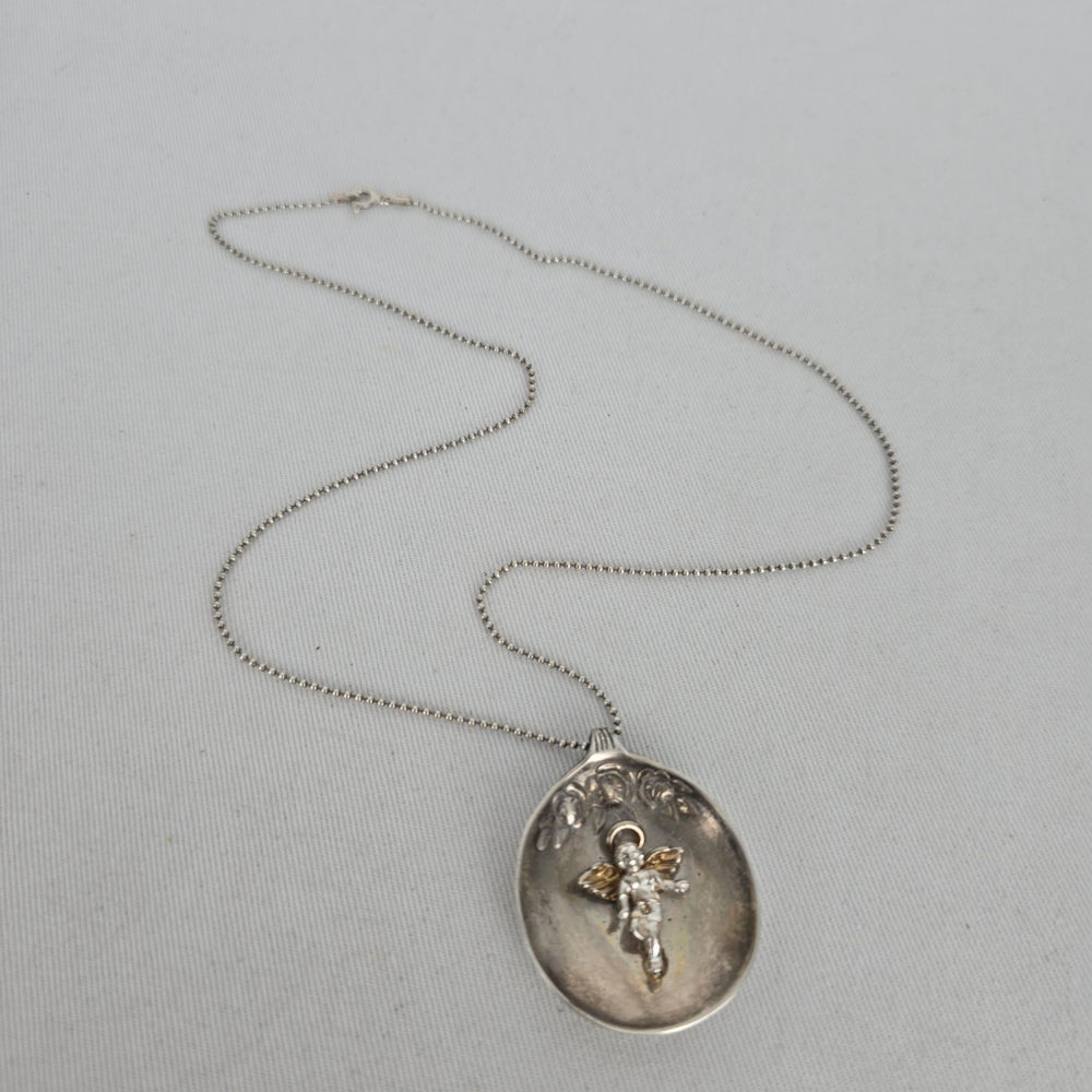 Repurposed Vintage Spoon Pendant 925 Sterling Chain Necklace Cherub Charm