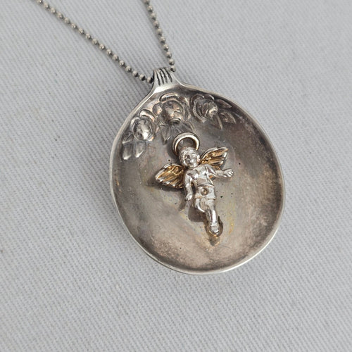 Repurposed Vintage Spoon Pendant 925 Sterling Chain Necklace Cherub Charm