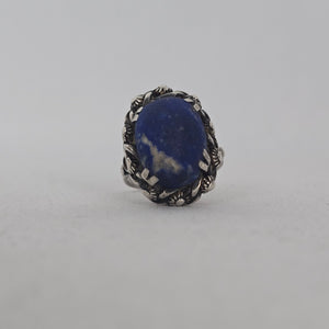 Sterling Silver Lapis Lazuli Ring — Ornate Floral Bezel Size 6.5