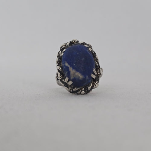 Sterling Silver Lapis Lazuli Ring — Ornate Floral Bezel Size 6.5