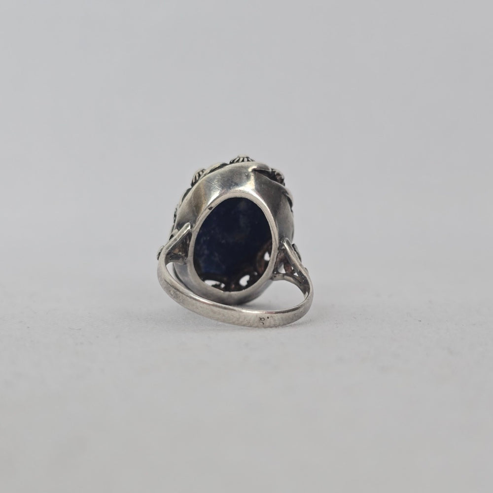 Sterling Silver Lapis Lazuli Ring — Ornate Floral Bezel Size 6.5