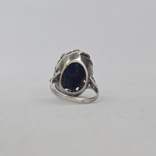 Sterling Silver Lapis Lazuli Ring — Ornate Floral Bezel Size 6.5