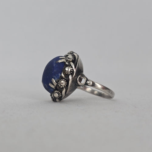Sterling Silver Lapis Lazuli Ring — Ornate Floral Bezel Size 6.5
