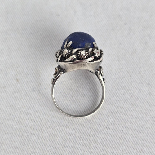 Sterling Silver Lapis Lazuli Ring — Ornate Floral Bezel Size 6.5
