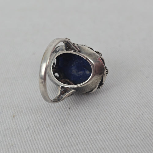 Sterling Silver Lapis Lazuli Ring — Ornate Floral Bezel Size 6.5