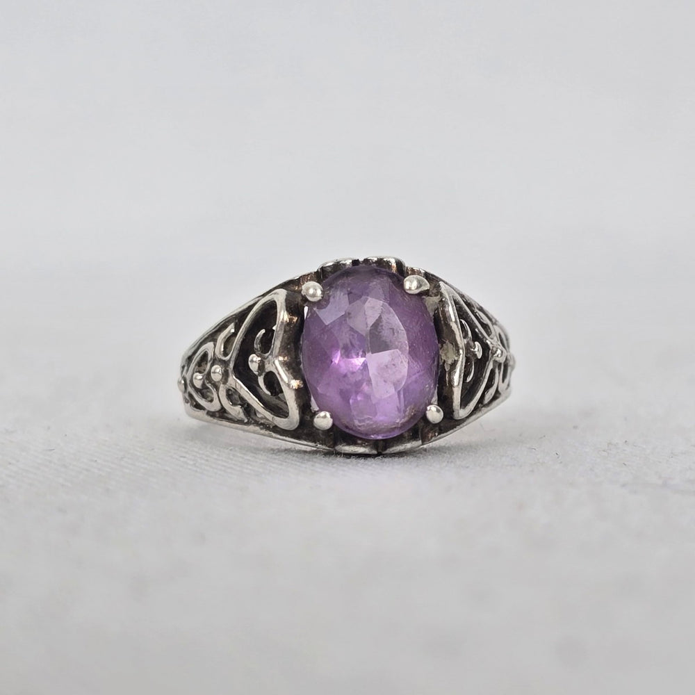 Vintage Sterling Silver Amethyst Filigree Ring Size 8