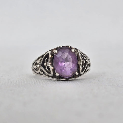 Vintage Sterling Silver Amethyst Filigree Ring Size 8