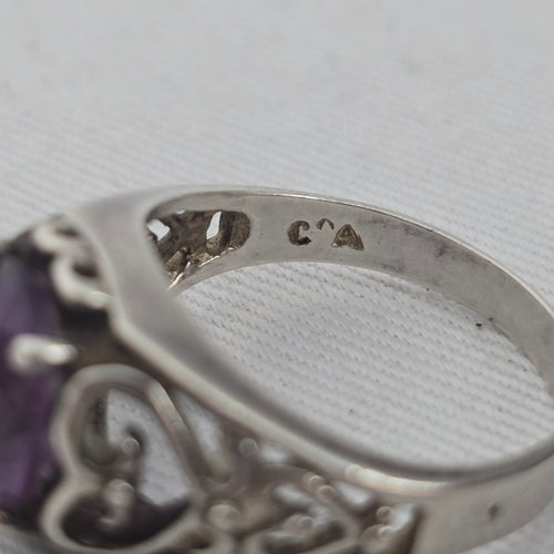 Vintage Sterling Silver Amethyst Filigree Ring Size 8