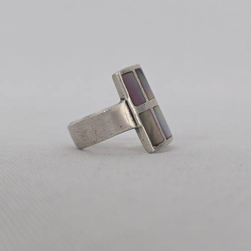 Vintage Sterling Silver Mother of Pearl Inlay Geometric Ring Size 6.5