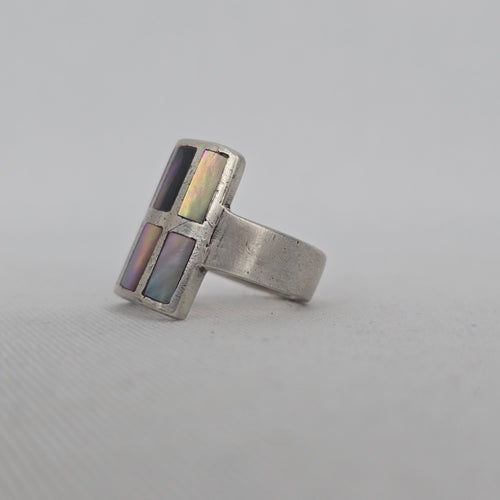Vintage Sterling Silver Mother of Pearl Inlay Geometric Ring Size 6.5