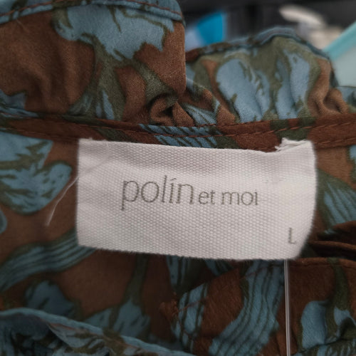 Polín et Moi Brown & Blue Floral Ruffle Midi Dress - Size L (Fits S/M)