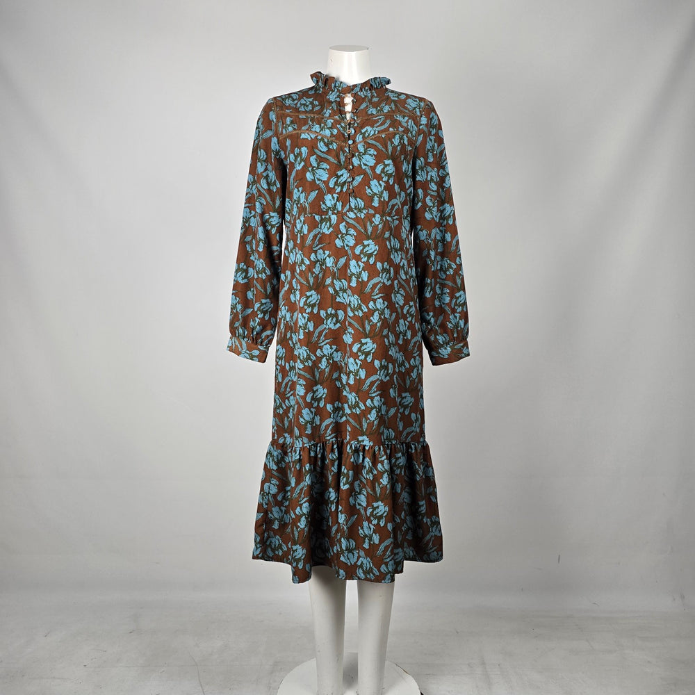 Polín et Moi Brown & Blue Floral Ruffle Midi Dress - Size L (Fits S/M)