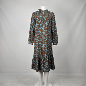 Polín et Moi Brown & Blue Floral Ruffle Midi Dress - Size L (Fits S/M)