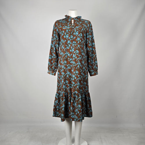 Polín et Moi Brown & Blue Floral Ruffle Midi Dress - Size L (Fits S/M)