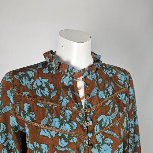 Polín et Moi Brown & Blue Floral Ruffle Midi Dress - Size L (Fits S/M)