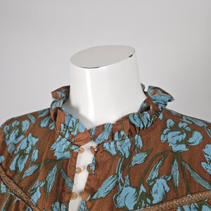 Polín et Moi Brown & Blue Floral Ruffle Midi Dress - Size L (Fits S/M)