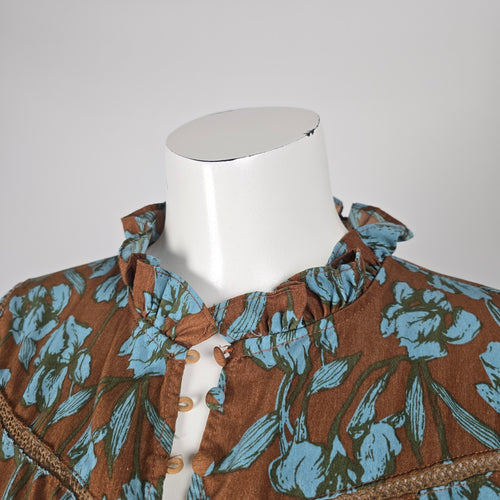 Polín et Moi Brown & Blue Floral Ruffle Midi Dress - Size L (Fits S/M)