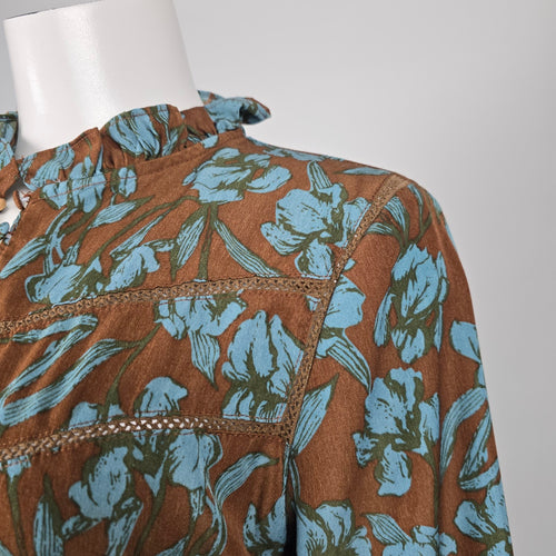 Polín et Moi Brown & Blue Floral Ruffle Midi Dress - Size L (Fits S/M)