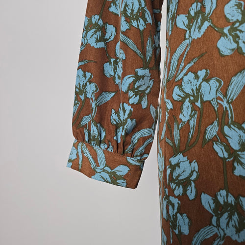 Polín et Moi Brown & Blue Floral Ruffle Midi Dress - Size L (Fits S/M)