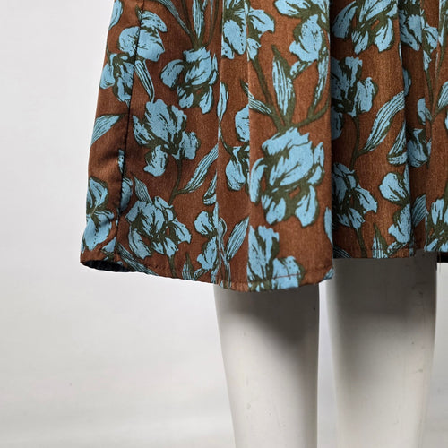 Polín et Moi Brown & Blue Floral Ruffle Midi Dress - Size L (Fits S/M)