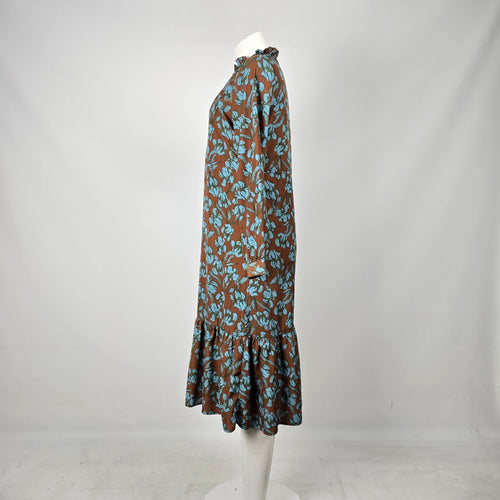 Polín et Moi Brown & Blue Floral Ruffle Midi Dress - Size L (Fits S/M)