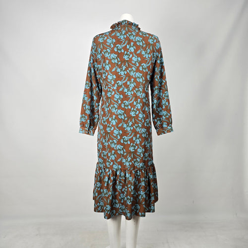 Polín et Moi Brown & Blue Floral Ruffle Midi Dress - Size L (Fits S/M)