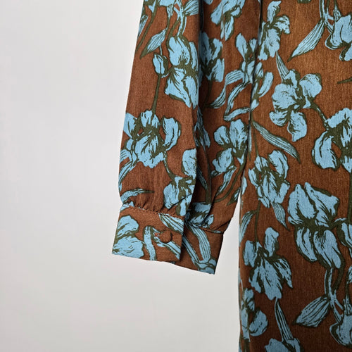 Polín et Moi Brown & Blue Floral Ruffle Midi Dress - Size L (Fits S/M)
