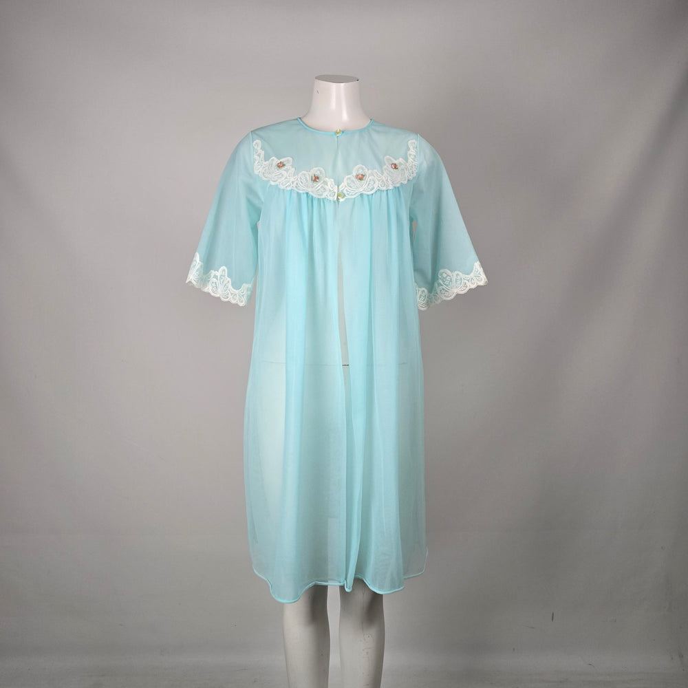 Vintage Aqua Blue Sheer Lace Trim Robe - Size M