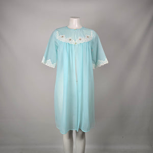 Vintage Aqua Blue Sheer Lace Trim Robe - Size M