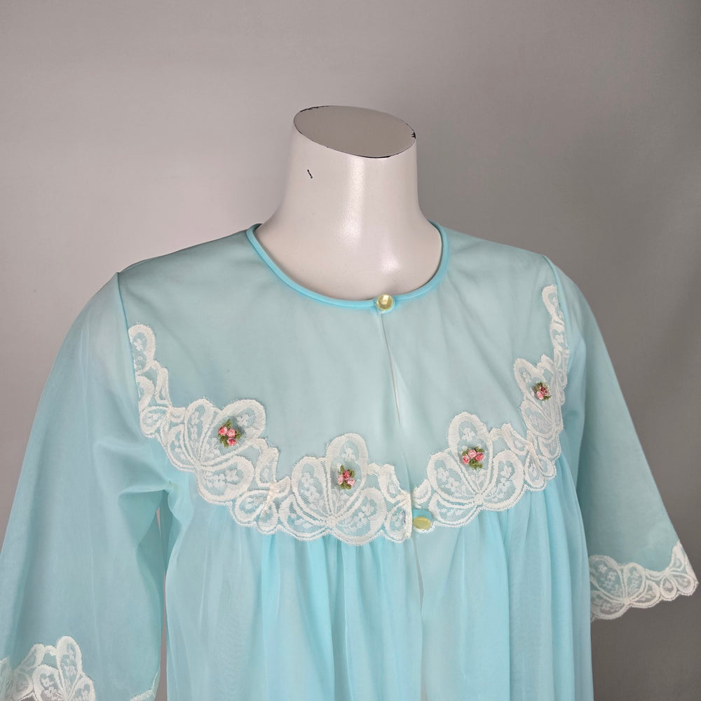 Vintage Aqua Blue Sheer Lace Trim Robe - Size M