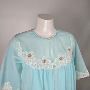 Vintage Aqua Blue Sheer Lace Trim Robe - Size M