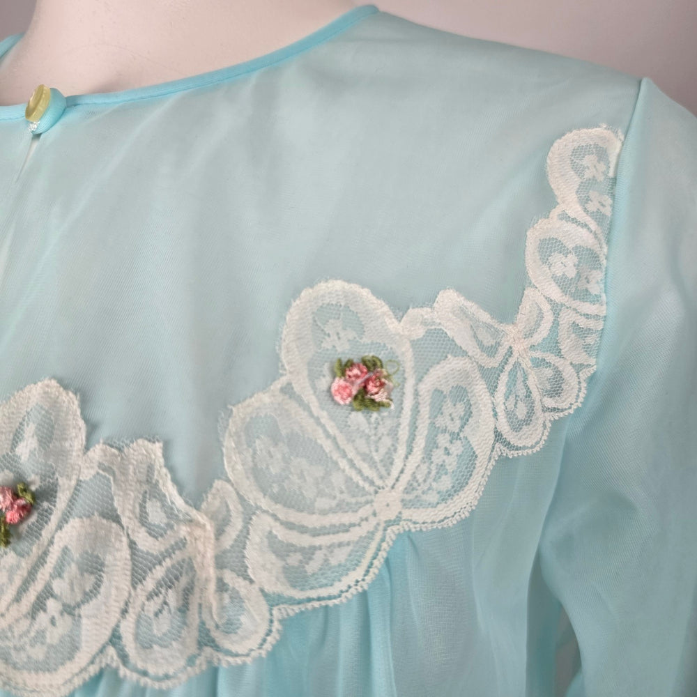 Vintage Aqua Blue Sheer Lace Trim Robe - Size M