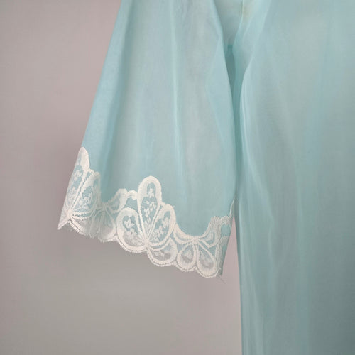 Vintage Aqua Blue Sheer Lace Trim Robe - Size M