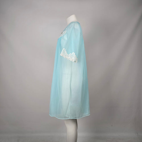 Vintage Aqua Blue Sheer Lace Trim Robe - Size M