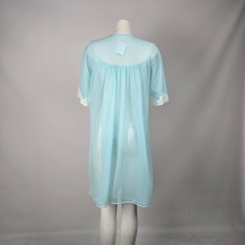 Vintage Aqua Blue Sheer Lace Trim Robe - Size M