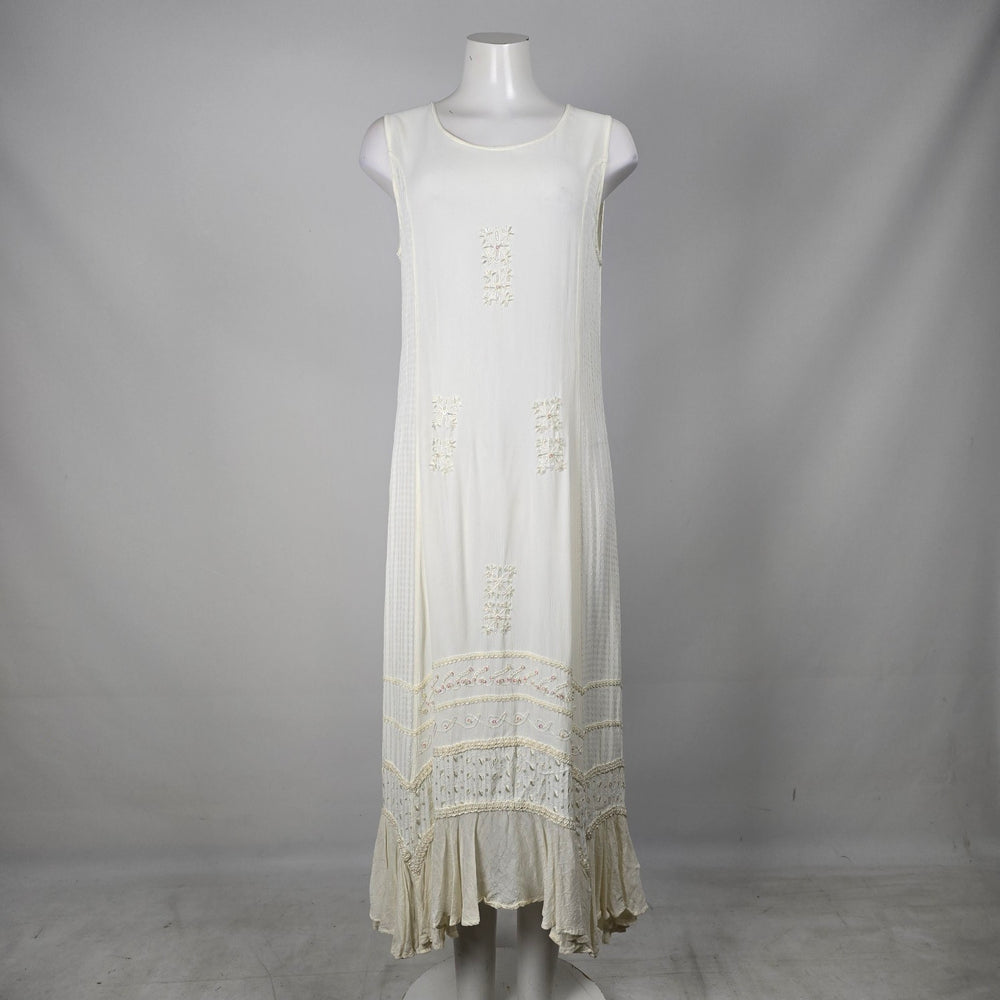 Vintage Cream Embroidered Tiered Maxi Dress with Tie Waist - Size M