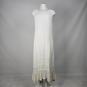Vintage Cream Embroidered Tiered Maxi Dress with Tie Waist - Size M