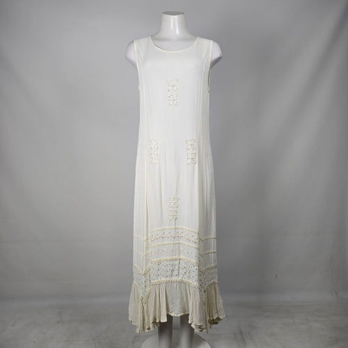 Vintage Cream Embroidered Tiered Maxi Dress with Tie Waist - Size M