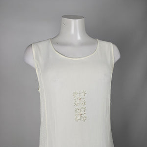 Vintage Cream Embroidered Tiered Maxi Dress with Tie Waist - Size M