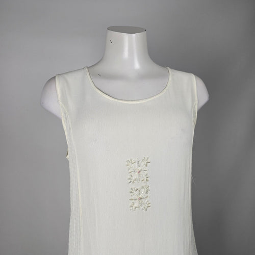 Vintage Cream Embroidered Tiered Maxi Dress with Tie Waist - Size M