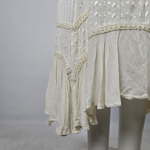 Vintage Cream Embroidered Tiered Maxi Dress with Tie Waist - Size M