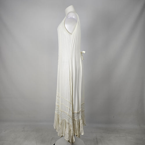 Vintage Cream Embroidered Tiered Maxi Dress with Tie Waist - Size M