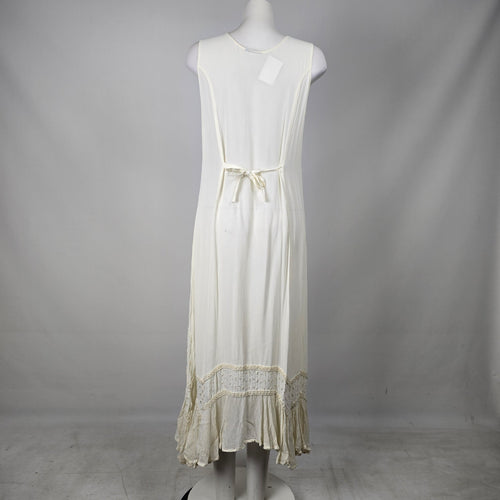 Vintage Cream Embroidered Tiered Maxi Dress with Tie Waist - Size M